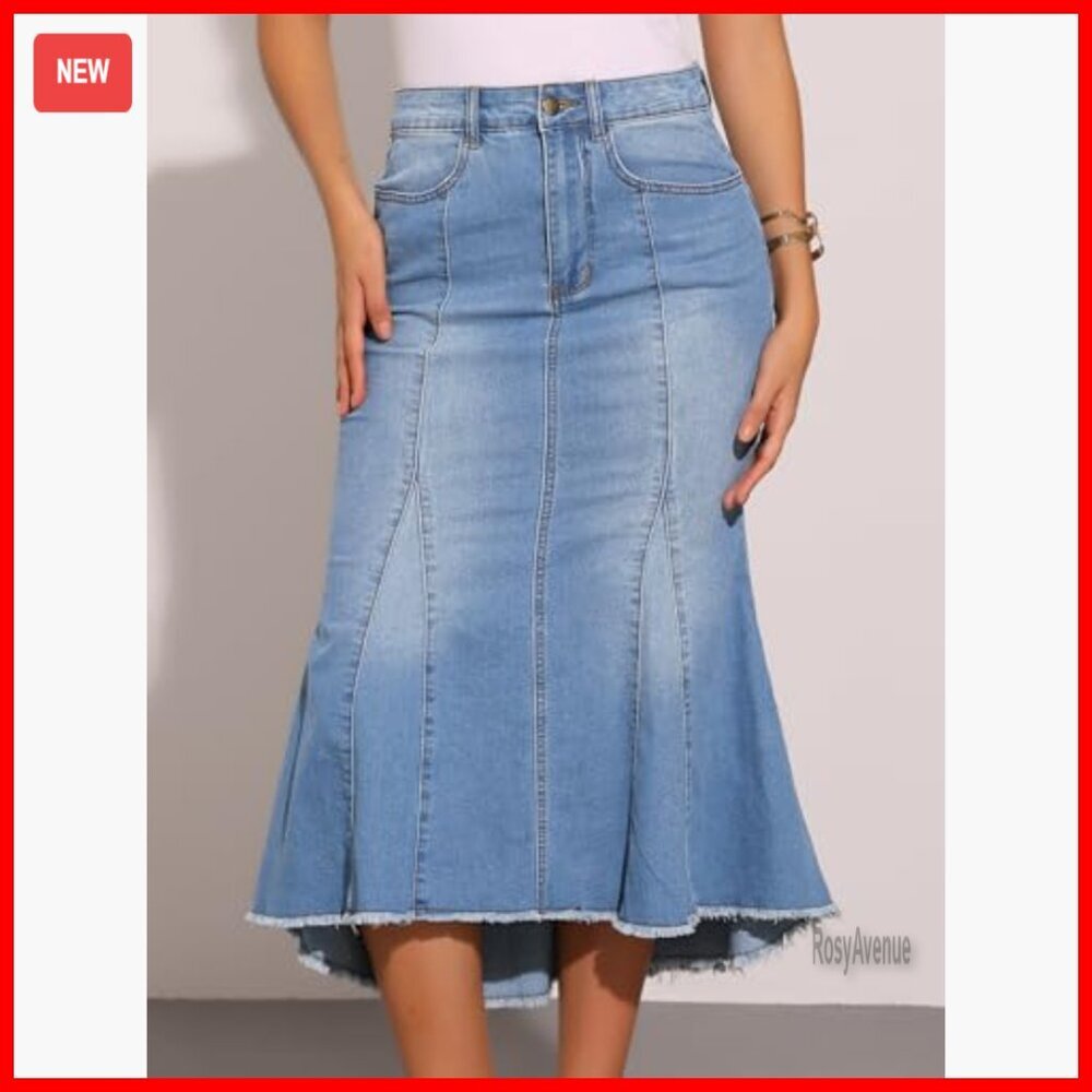 High Waist Midi Denim Skirt with Raw Hem and Pockets - Picture 2 of 5